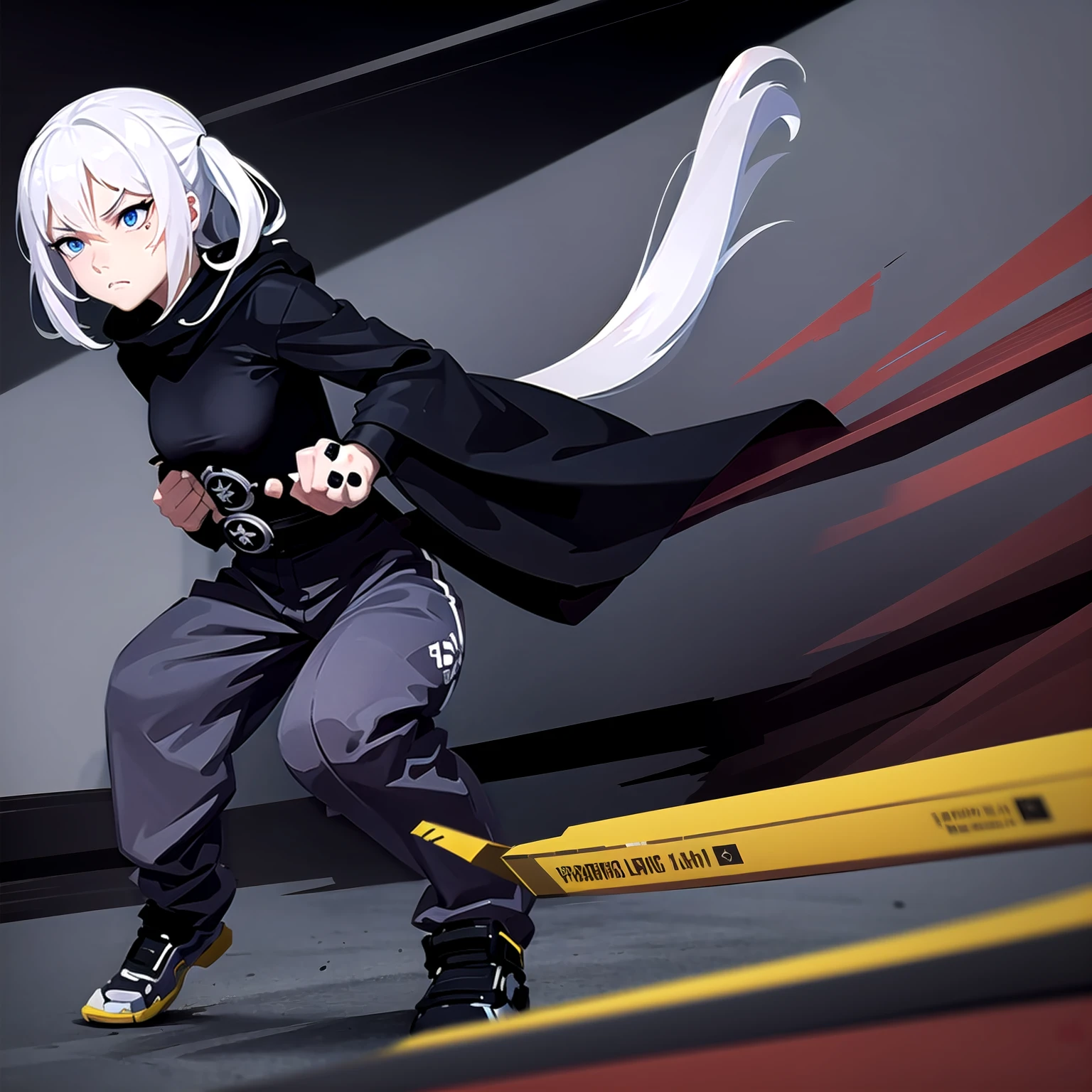 Fighting girl, epic, with particles, HD, 8k, white hair, with black cape, line marks on the face, serious face, closed mouth, casual pose, hands in Bruce Lee position, tactical pants, black hood, black lines under eyes, black polar diver, eyes with marked rings, detailed face, blood on the lips, full body,