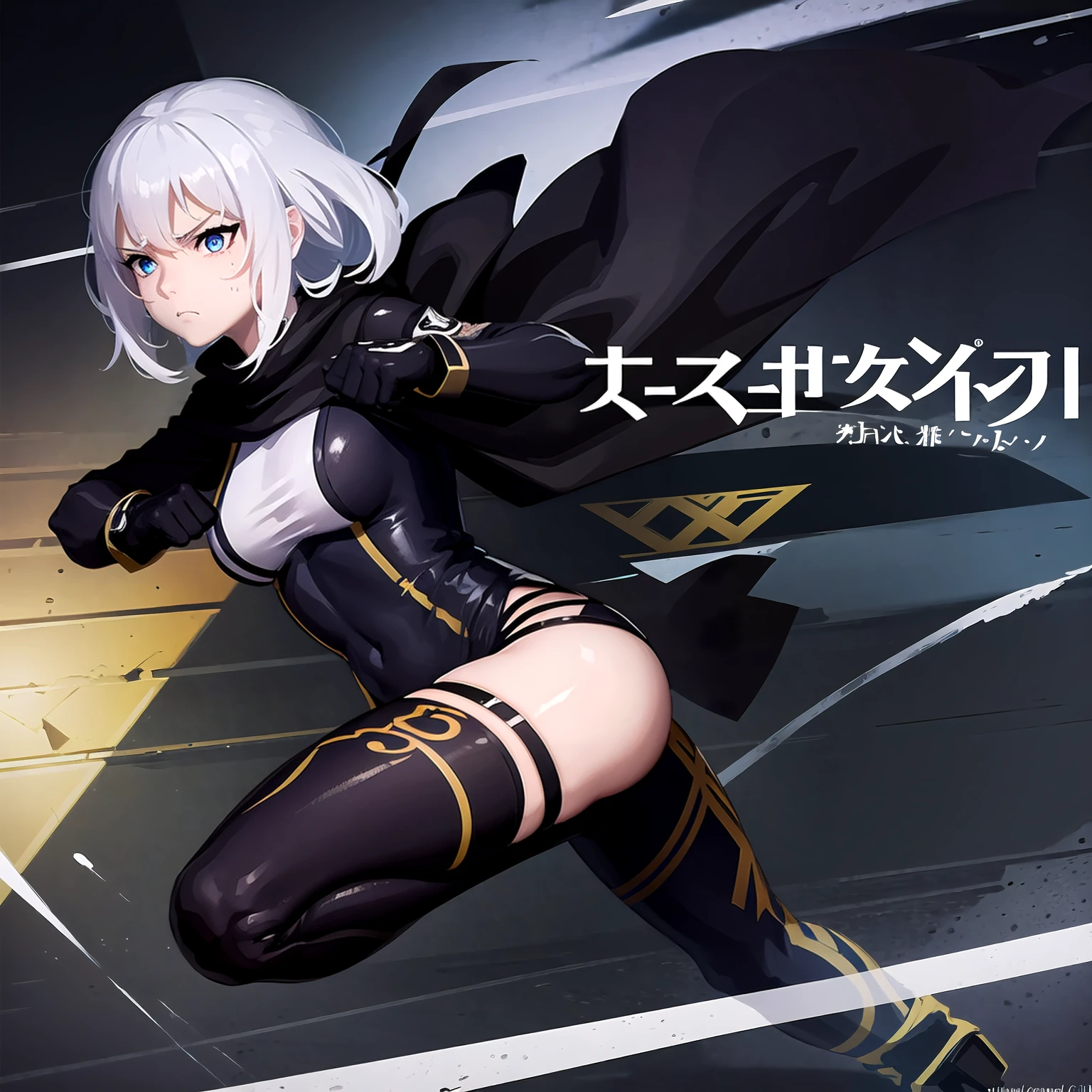 Fighting girl, epic, with particles, HD, 8k, white hair, with black cape, line marks on the face, serious face, closed mouth, casual pose, hands in Bruce Lee position, tactical pants, black hood, black lines under eyes, black polar diver, eyes with marked rings, detailed face, blood on the lips, full body,