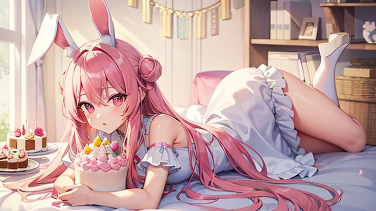 beautiful illustrations, highest quality, pretty girl, pastel colour, fluffy rabbit ears, , pink long hair, rabbit stuffed, pale pink eyes,party,dress,cake