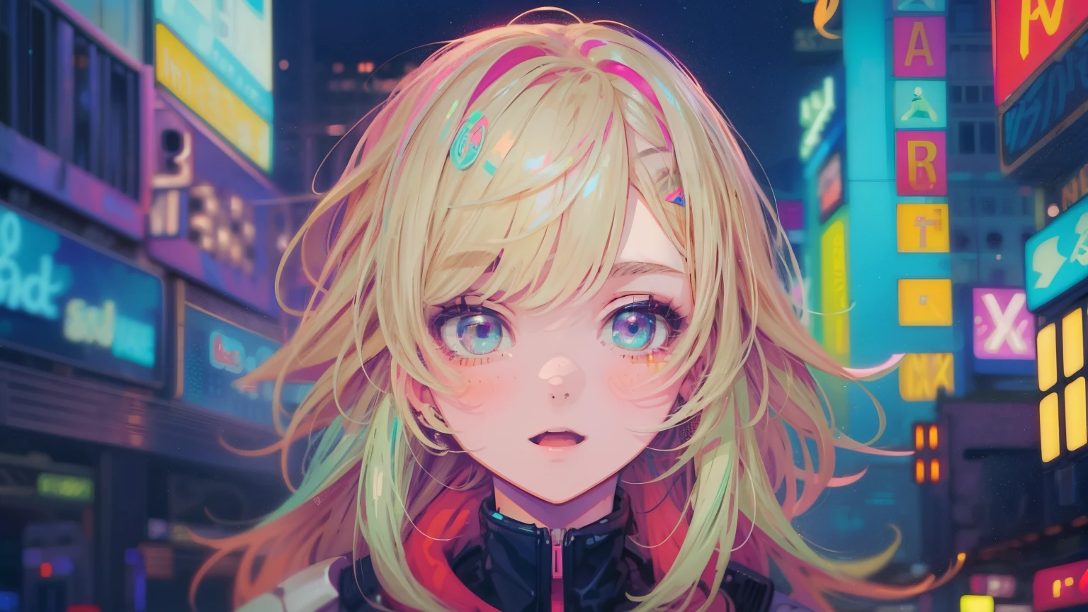 best quality, 4K wallpaper, masterpiece, extremely detailed CG unity 8k wallpaper, extremely detailed eyes, ultra-detailed, intricate details, face close up 1 happy girl in center, "no hand" retro art style, neon_pop art style, public, outdoors, road sign, city, people