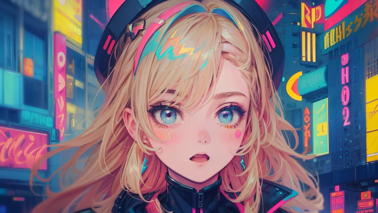 best quality, 4K wallpaper, masterpiece, extremely detailed CG unity 8k wallpaper, extremely detailed eyes, ultra-detailed, intricate details, face close up 1 happy girl in center, "no hand" retro art style, neon_pop art style, public, outdoors, road sign, city, people