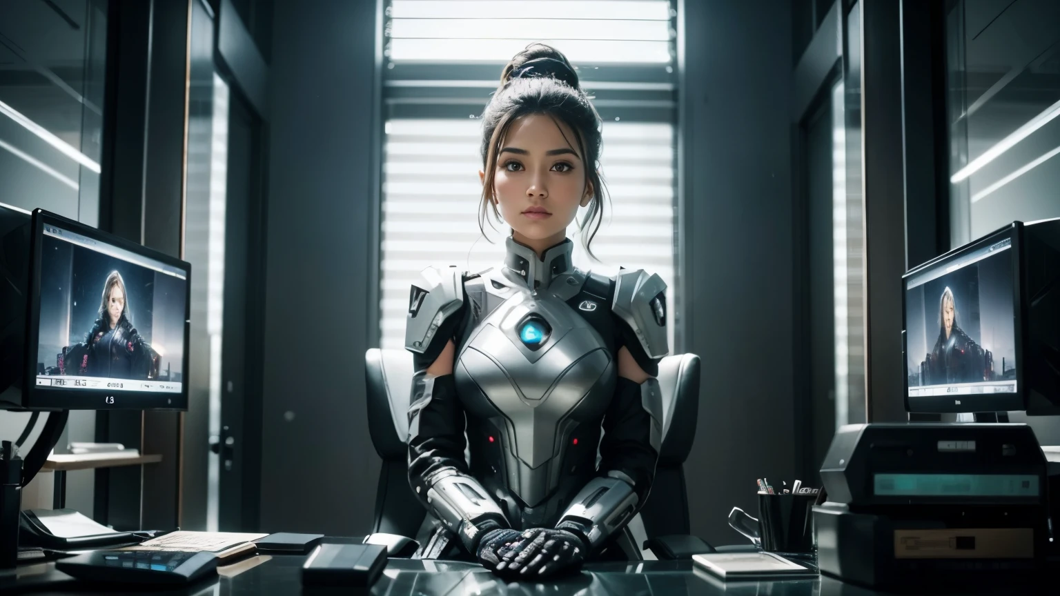 ((top-quality、8K、tmasterpiece:1.3))Wearing a silver-white mech. The highest image quality is ultraclear; the facial features are delicate and clear. Mechanical pattern, cyberpunk perssonage、Cyber City、the number、Century, She is sitting behind her laptop in her office, arms on her desk, futuristic background, big window. half-body shot, She is front facing the camera, looking straight and centred, central portrait, sitting straight, front view, centred looking straight.