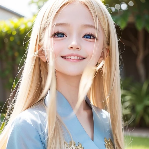 one very beautiful cute young girl、10 years old、((very happy smile ))、Embarrassed blush、Beautiful very long shiny blonde straight hair with golden shine、Shiny and very beautiful pure white skin、Very beautiful and cute pale blue detailed eyes、shiny skin、 Very beautiful cute face、Beautiful cute bright look、Clear double eyelids、beautiful cute big eyes、A perfectly balanced face