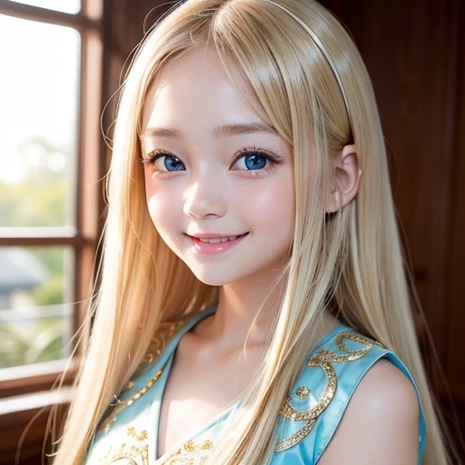 one very beautiful cute young girl、、((very happy smile ))、Embarrassed blush、Beautiful very long shiny blonde straight hair with golden shine、Shiny and very beautiful pure white skin、Very beautiful and cute pale blue detailed eyes、shiny skin、 Very beautiful cute face、Beautiful cute bright look、Clear double eyelids、beautiful cute big eyes、A perfectly balanced face