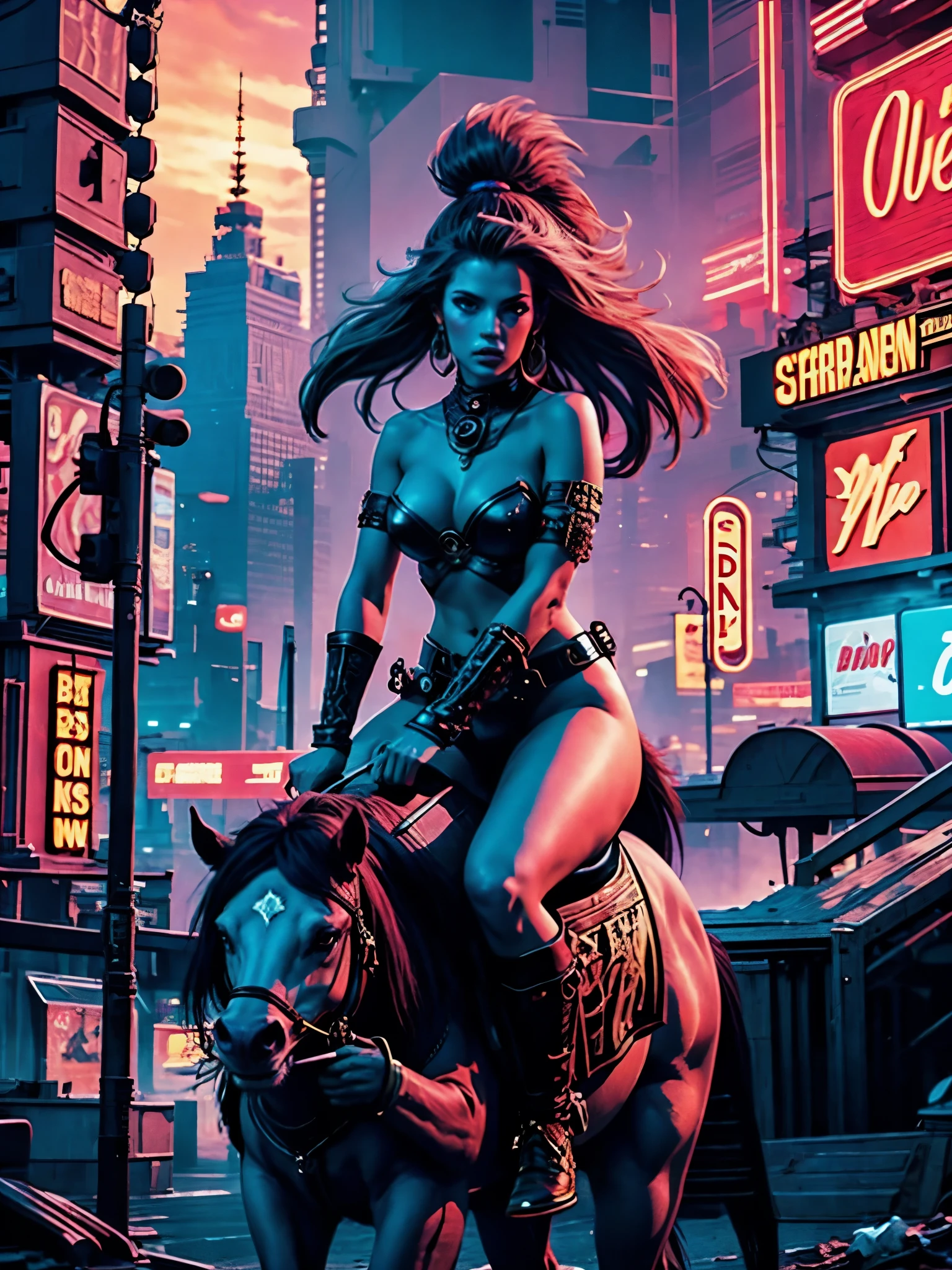 Year 2385 - A futuristic NUDE Barbarian Girl With sword, on a horse, Rides through City. Style Neon Punk. 