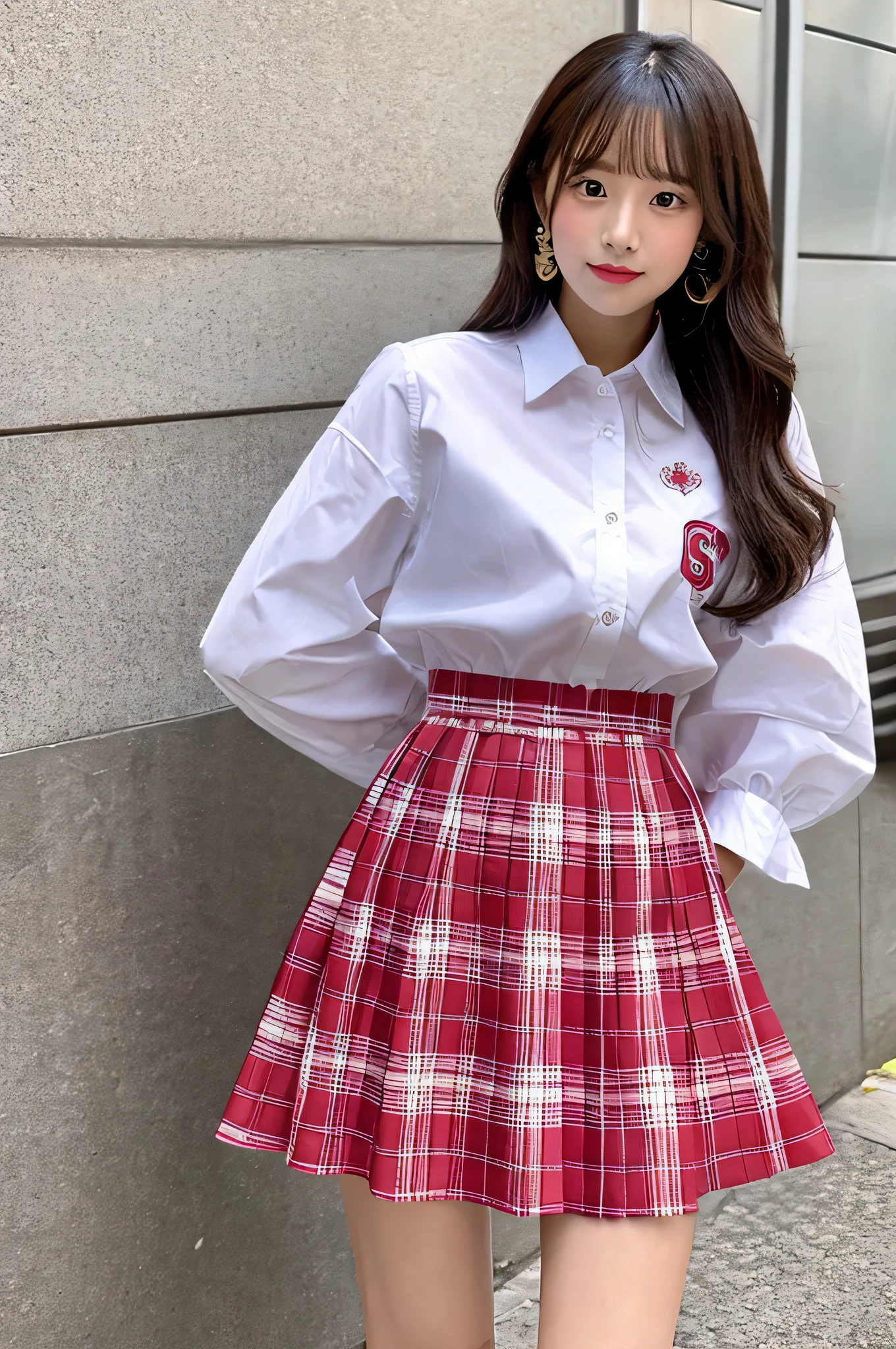 super mini skirt（pink and red plaid）18 year old high school girl wearing a ribbon and white shirt.