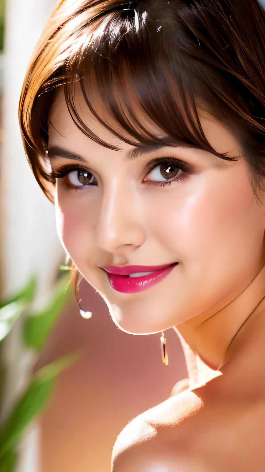 Close up. (RAW photo, best quality), (realistic, photo-realistic:1.3), best quality ,masterpiece, (cherrynobodysd15), ((big ass, large breasts)), (beautiful girl), pink lipstick, colorful makeup, long eyelashes, earrings, wearing eyeliner, fair skin, black hair,(cute), (detailed face), detailed eyes, detailed iris, 8k uhd, dslr, soft lighting, high quality, film grain, beautiful detailed eyes, beautiful detailed nose, vaginal detailed, realistic face, pink pussy, light smile, (highly detail face: 1.5), Fujifilm XT3, best quality, ultra-detailed, masterpiece, finely detail, highers, 8k wallpaper, pixie cut