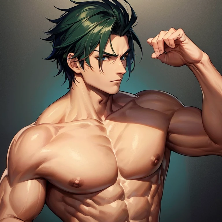 handsome moba character muai thai fighter with red hair and a scar in the nose and the chest, tied back hair , making a fighting pose smiling, arms above head, charming character , young adult, white background , digital painting, game artwork splash art, full body view