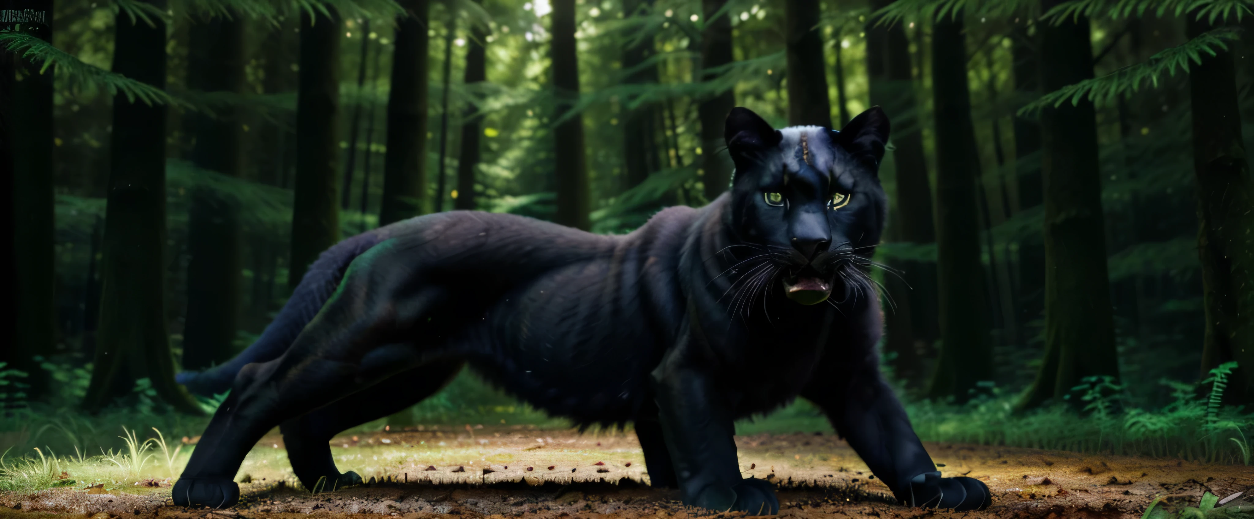 Beautiful black panther with its mouth open and its huge fangs visible. HDR. High contrast. Very green forest background. Realistic panther. High quality background. Totally green forest with ferns and pines. The panther with illuminated fur. Very dark night forest but very green leaves. 8K. High res. High quality