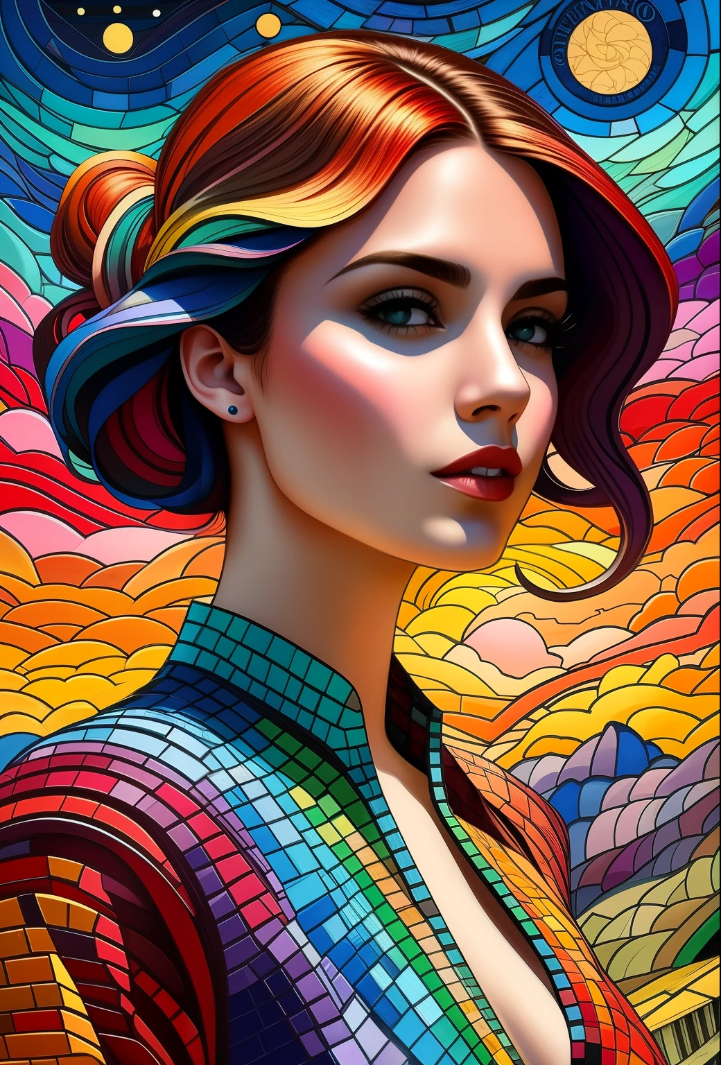 Mujer arafed con cabello colorido y un vestido colorido frente a un cielo colorido, pintura digital colorida, pintura digital vibrante, gorgeous digital art, Arte colorido, stunning art style, pintura digital intrincada, hermoso arte uhd 4k, arte de alessandro pautasso, gran arte digital con detalles, colorido arte digital, impresionante arte digital, Arte digital detallado 4k