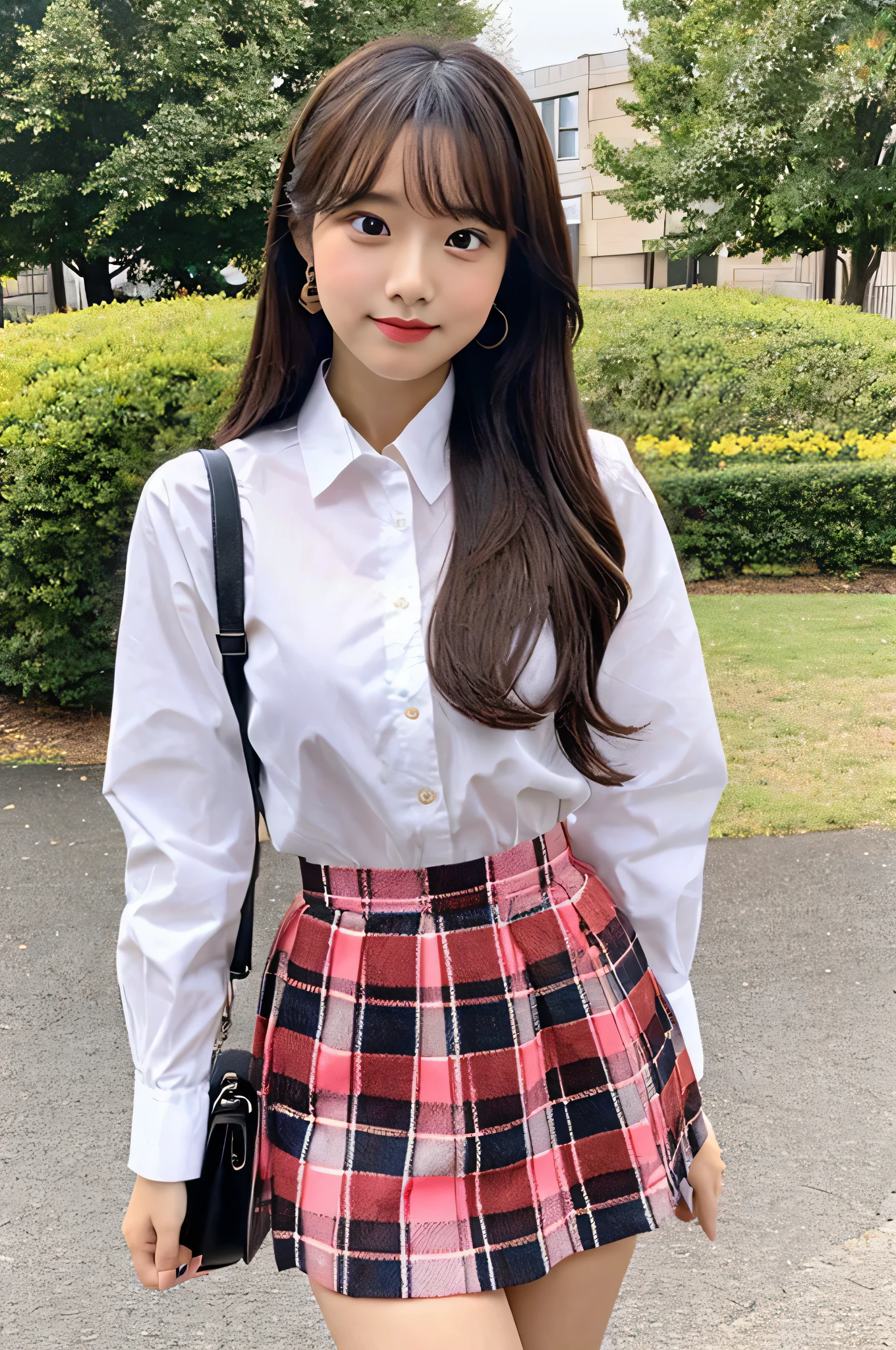 super mini skirt(pink and red plaid)18 year old high school girl wearing a ribbon and white shirt.