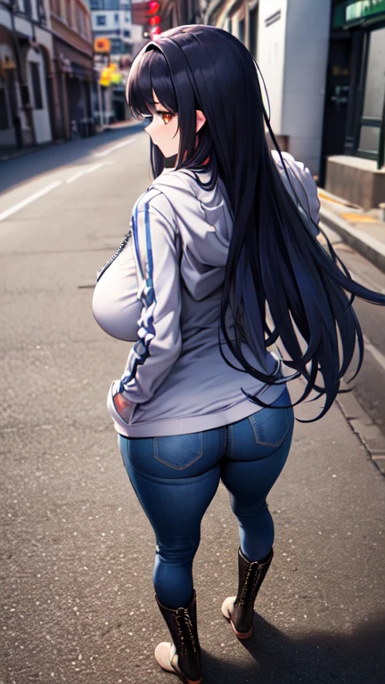 (Anime girl wearing a ((black zip up hoodie)), (blue jeans), and black knee high lace up boots with round toes), Large breasts, thick thighs, cute, full body image, back view,silver long hair, orange eyes, quality images, ((high quality faces)), underground, standing, shy and cute posing