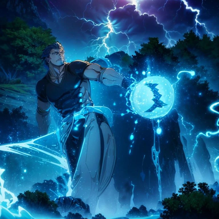 ((highest quality,8K，16k, masterpiece: 1.3)), (Reproducibility: 1.4), beast of thunder（thunder beast），A blue lightning-like pattern covers the body.，Its very existence symbolizes the power of thunder，Appearance has a large body、Muscular and sturdy body type，the skin is covered in deep blue，Eyes glow red，Light like electricity radiates from the eyes，Has pointed ears and fangs，Its appearance is terrifying yet majestic.，Can control the power of lightning，The electric shock emitted from the body is powerful.，destroy objects and rocks，背景はthunder clouds，storm，thunder clouds，Lives in mountainous areas，aggressive to defend territory，A being with the mysterious power of lightning，object of respect and fear，full body description，ultra wide angle，HDR, movie-like scene, perfect composition，Magic Dust，visual depiction，fantasy，sense of presence