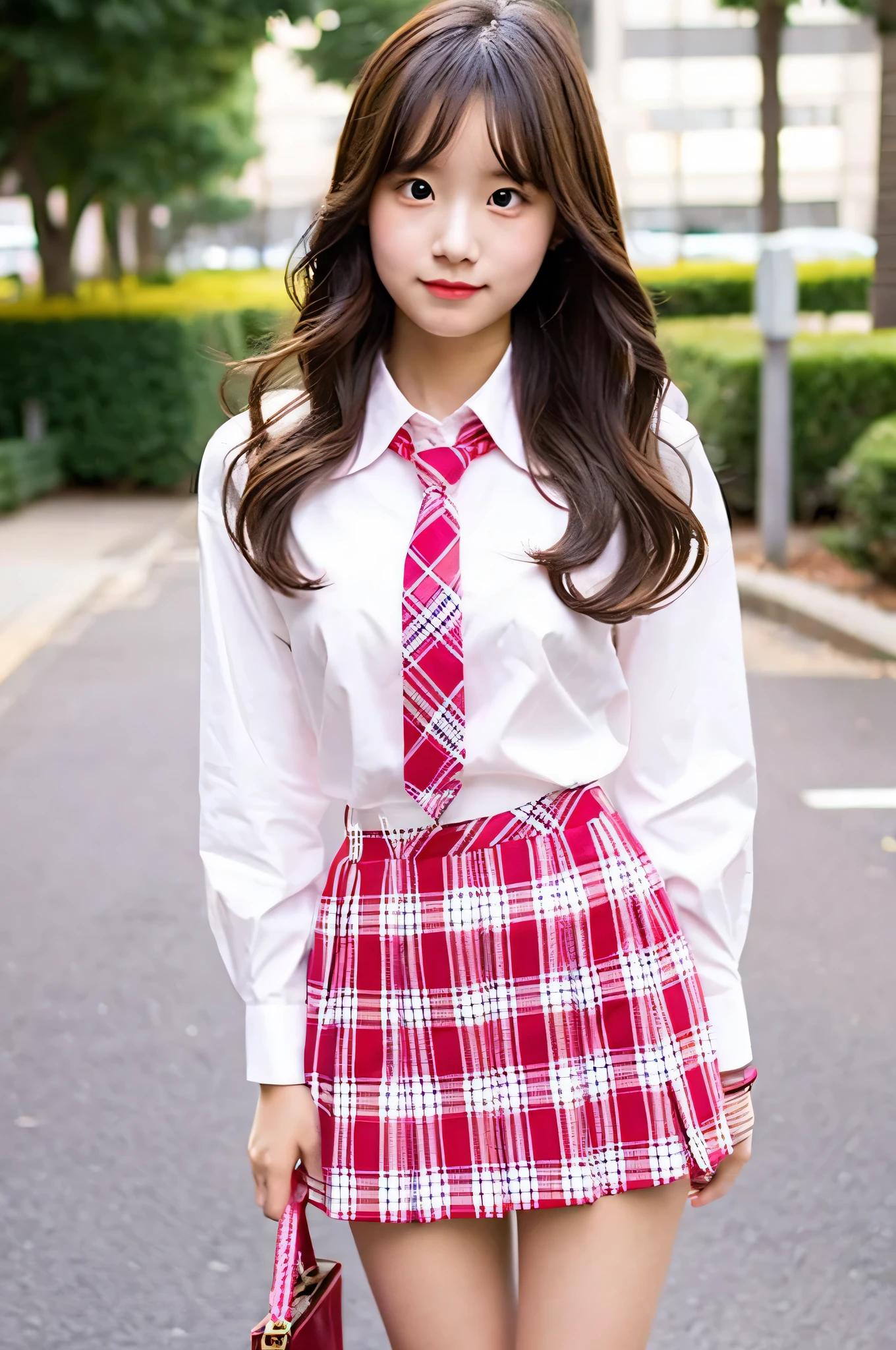 super mini skirt(pink and red plaid)18 year old high school girl wearing a tie and white shirt.