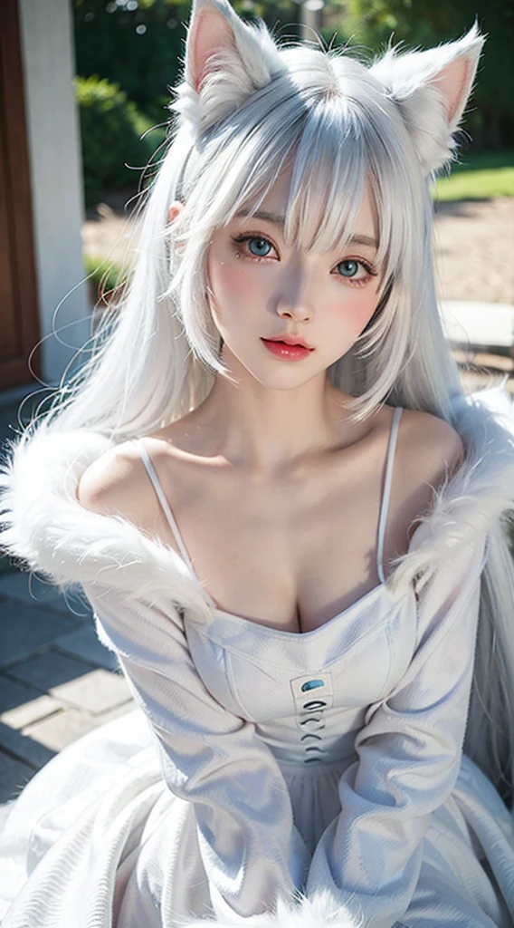 unicorn girl with long white hair, with freckles on her face, in light and light clothes with soft and sensual AI features