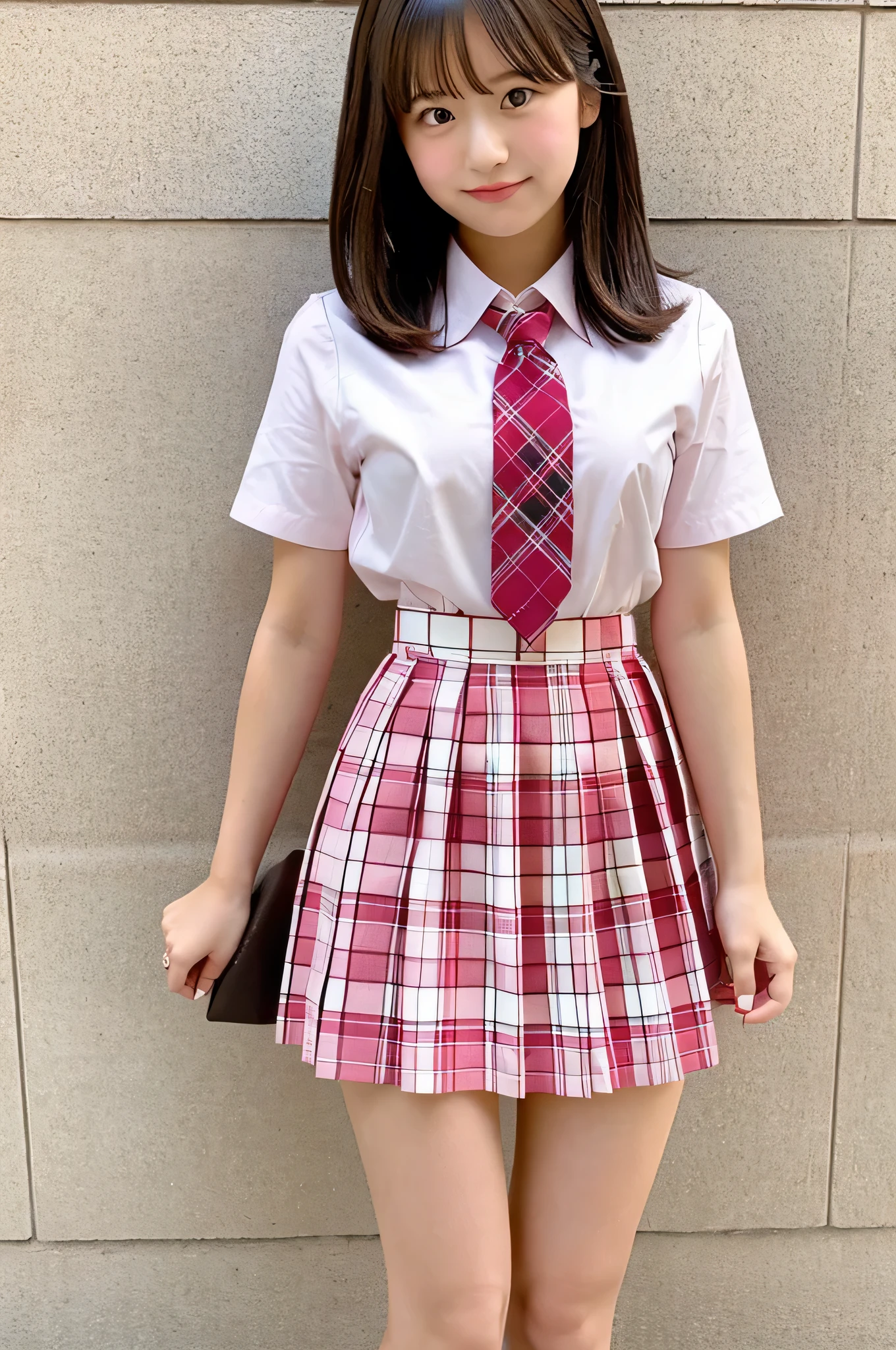super mini skirt（pink and red plaid）18 year old high school girl wearing a tie and white shirt.