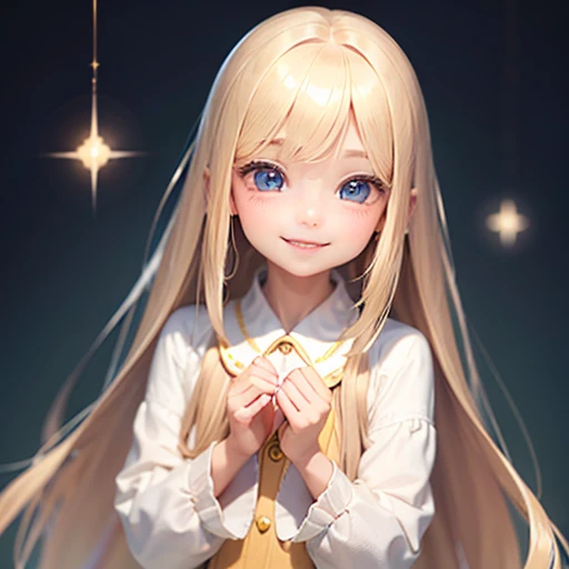 one very beautiful cute young girl、10 years old、((very happy smile ))、Embarrassed blush、Beautiful very long shiny blonde straight hair with golden shine、Shiny and very beautiful pure white skin、Very beautiful and cute pale blue detailed eyes、shiny skin、 Very beautiful cute face、Beautiful cute bright look、Clear double eyelids、beautiful cute big eyes、A perfectly balanced face