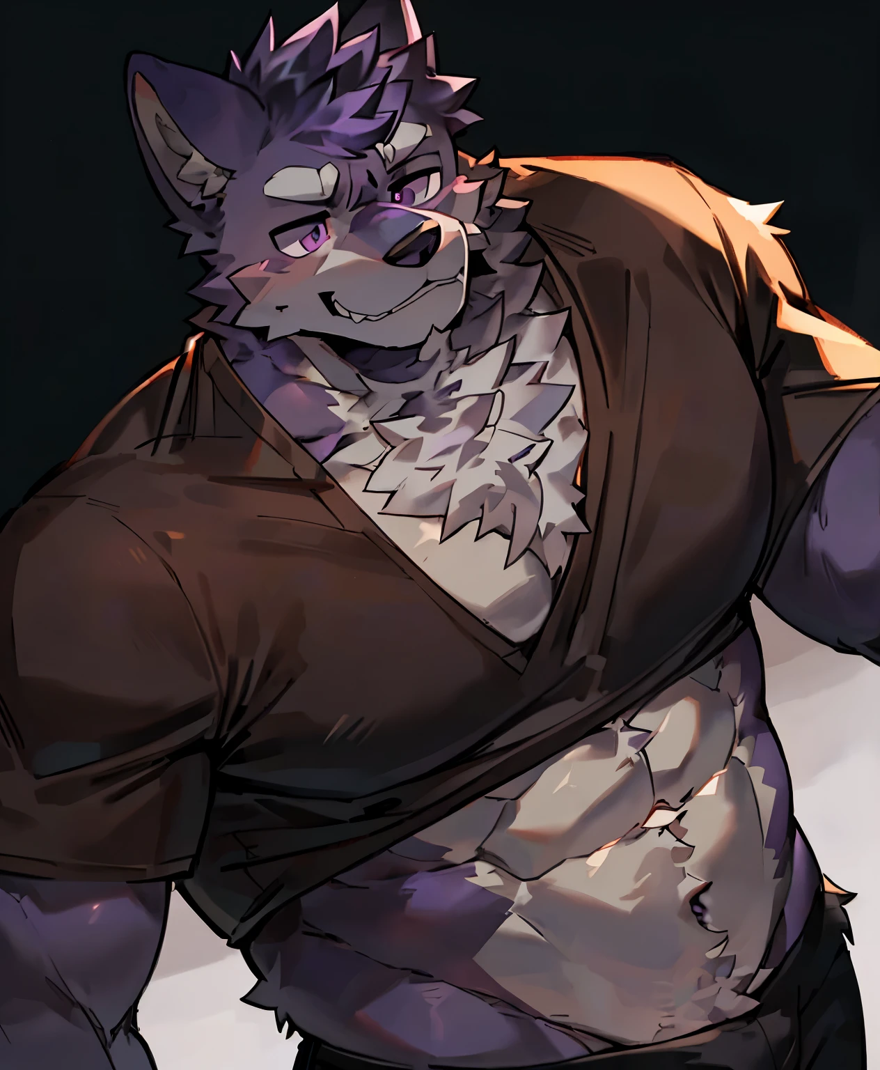 the only person, shirt, 1 boy, male focus, abdominal muscles,chest muscles,Handsome man, Worn, hairy, dark purple fur, purple eyes,8k,high quality,toned body
