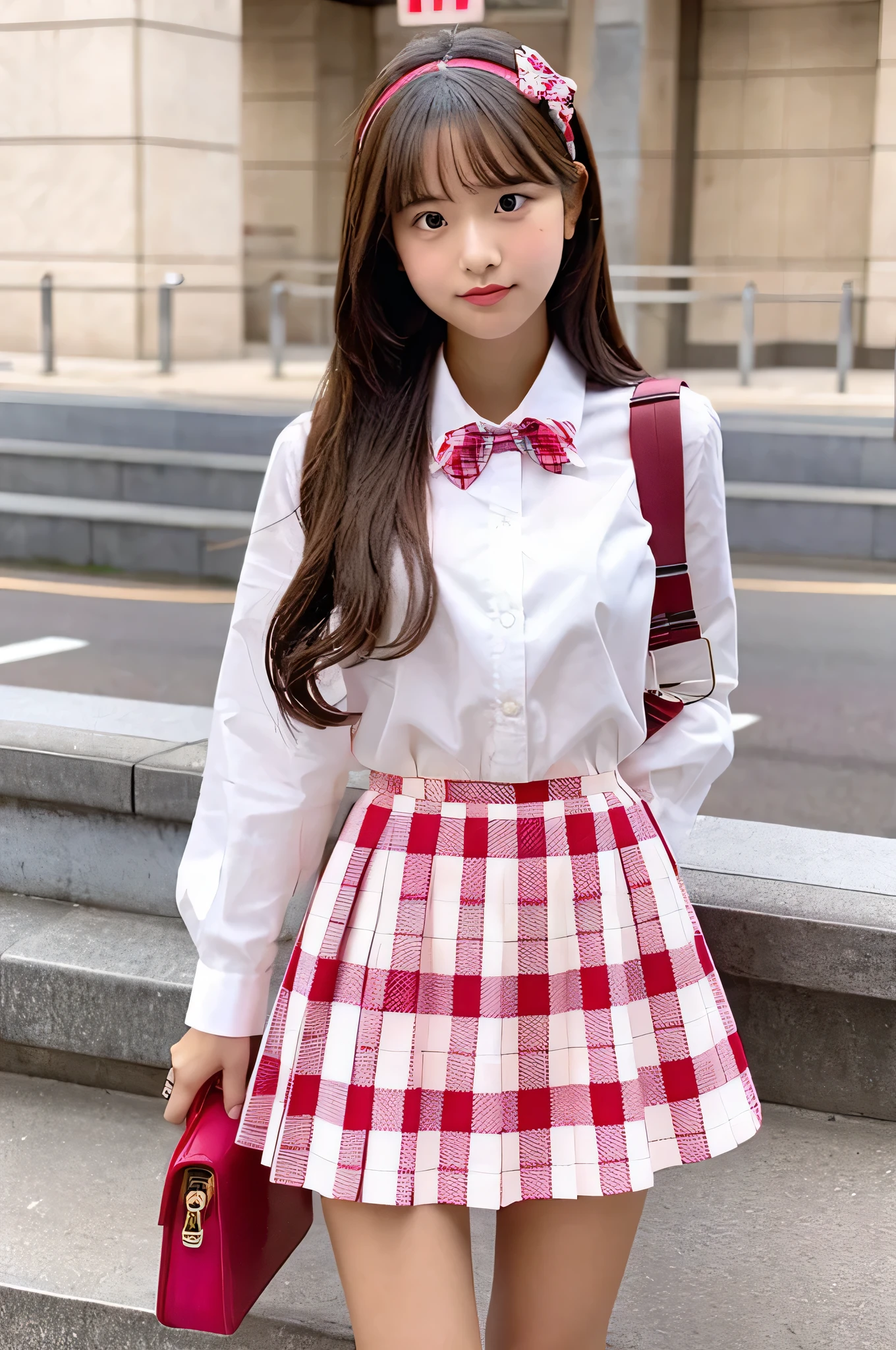 super mini skirt（pink and red plaid）18 year old high school girl wearing a white shirt