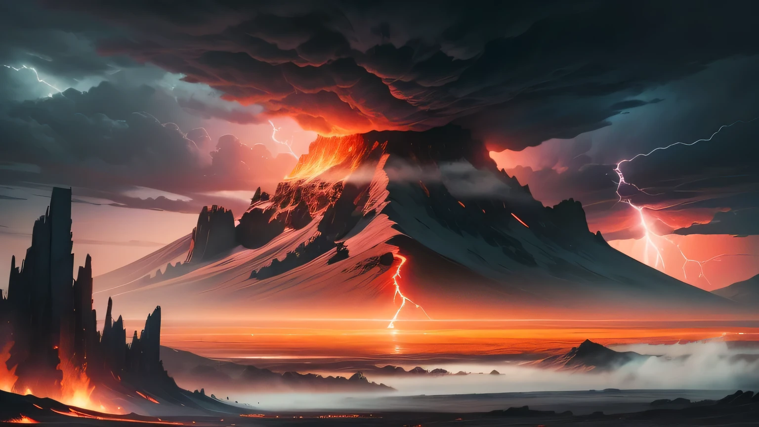 /Picture tips: On the vast plains，Doomsday volcano scene，The sky is densely covered with red and black clouds, brewing a storm, Lightning strikes the ground,  The mountains in the distance are steep,There is a kind of momentum and heroism in troubled times, artwork, mixed media, Combine digital with traditional ink，Reveal dynamic movements and details, --16:9-5 p.m.&#39;bell