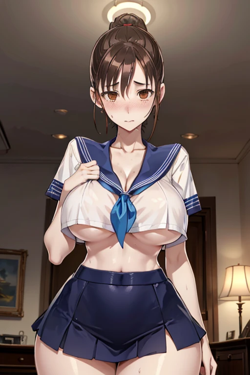 (8k, RAW photo, best quality, masterpiece, soft cinematic lighting, soft color:1.4),(ceiling, iook at camera,under  focus:1.5), (realistic), (indoor background), (solo, mature woman,19years old:1.3), (sailor uniform,underboob,low-cut miniskirt :1.3), (embarrassed,red Cheeks:1.25), party chignon bronze color hair, clean skin, (smaller butt:0.9),(huge long wide heavy breasts:1.3), (thick, curvy:1.3),(very skinny:1.3)