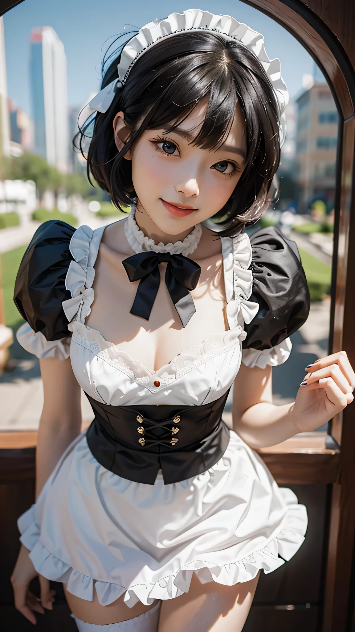 (Close-up:1.4)、(RAW shooting:1.2)、(photorealistic:1.4)、(masterpiece:1.3)、(highest quality:1.4)、solo、7 head and body、(slender and beautiful girl)、cute、(beautiful detailed eyes)、(charming big eyes)、(beautiful double eyelids)、(beautiful and detailed face)、(smile full of joy:1.3)、(Medium chest:1.2)、(cleavage)、(????? nipples:1.2)、(full body shot)、8K、(muste piece:1.2)、(pale blue hair、short bob:1.3)、(Bangs Patsun)、(headdress、white blouse、black ribbon、White Apron、ruffle skirt、???? sleeves、collar、choker、apron with fine ruffles:1.3)、White Knee High Socks、black maid costume、(Sexy model pose with chest sticking out:1.3)、cowboy shot、view audience、(small butt)、(beautiful hands)、(beautiful thighs)、cute系、(perfect ???????:1.2)、ancient city、