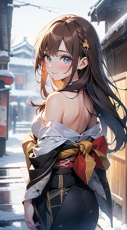 ((masterpiece, best quality, high resolution, ultra high definition, Pixel perfect, depth of field, 4K, RTX, human development report))), 1girl in, single, alone, Beauty、see whole body、 ((long hair, Short Liuhai, reddish brown hair)), ((blue eyes, beautiful eyelashes, realistic eyes)), ((Detailed face, blush:1.2)), ((smooth texture:0.75, lifelike质感:0.65, lifelike:1.1, Anime CG style)), medium breasts, Perfect body, (( Japanese kimono, bare shoulders ,Black tights)), Smile, Sideways posture, (wind blows hair，bare shoulders、exposing her chest、Black tights) , night ,snow , Hot springs