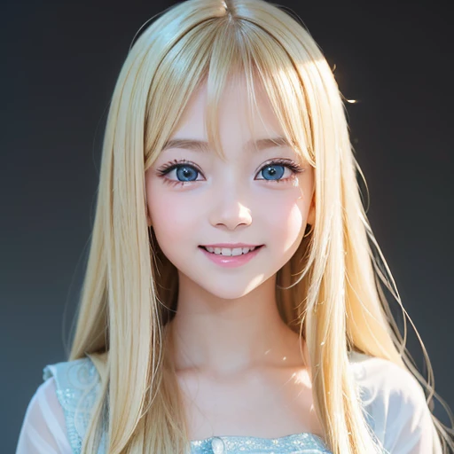 one very beautiful cute young girl、10 years old、((very happy smile ))、Embarrassed blush、Beautiful very long shiny blonde straight hair with golden shine、Shiny and very beautiful pure white skin、Very beautiful and cute pale blue detailed eyes、shiny skin、 Very beautiful cute face、Beautiful cute bright look、Clear double eyelids、beautiful cute big eyes、A perfectly balanced face