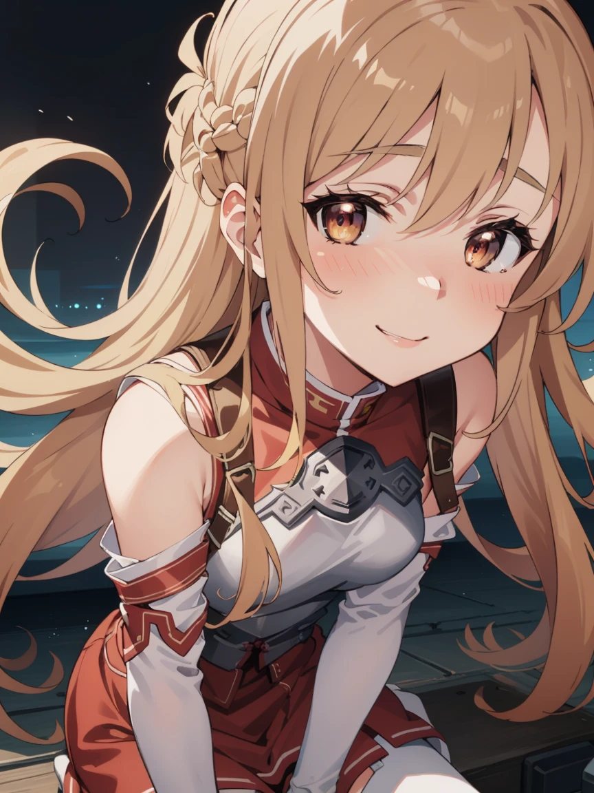 Asuna, white dress, armor, red skirt, long blonde hair, beautiful medium breasts
BREAK 
full body view, full body shot, contraposto,  
BREAK 
(nose blush), smile 
BREAK 
Masterpiece, best quality, high resolution, 8K, official art, super resolution, extremely detailed and beautiful, extremely detailed, amazing and detailed, highly detailed beautiful girl, highly detailed face, highly detailed eyes, highly detailed skin, highly detailed fingers, highly detailed nose, very detailed mouth, perfect anatomy 
BREAK 
remains, extremely detailed CG unity 16k, very fine 16KCG wallpapers