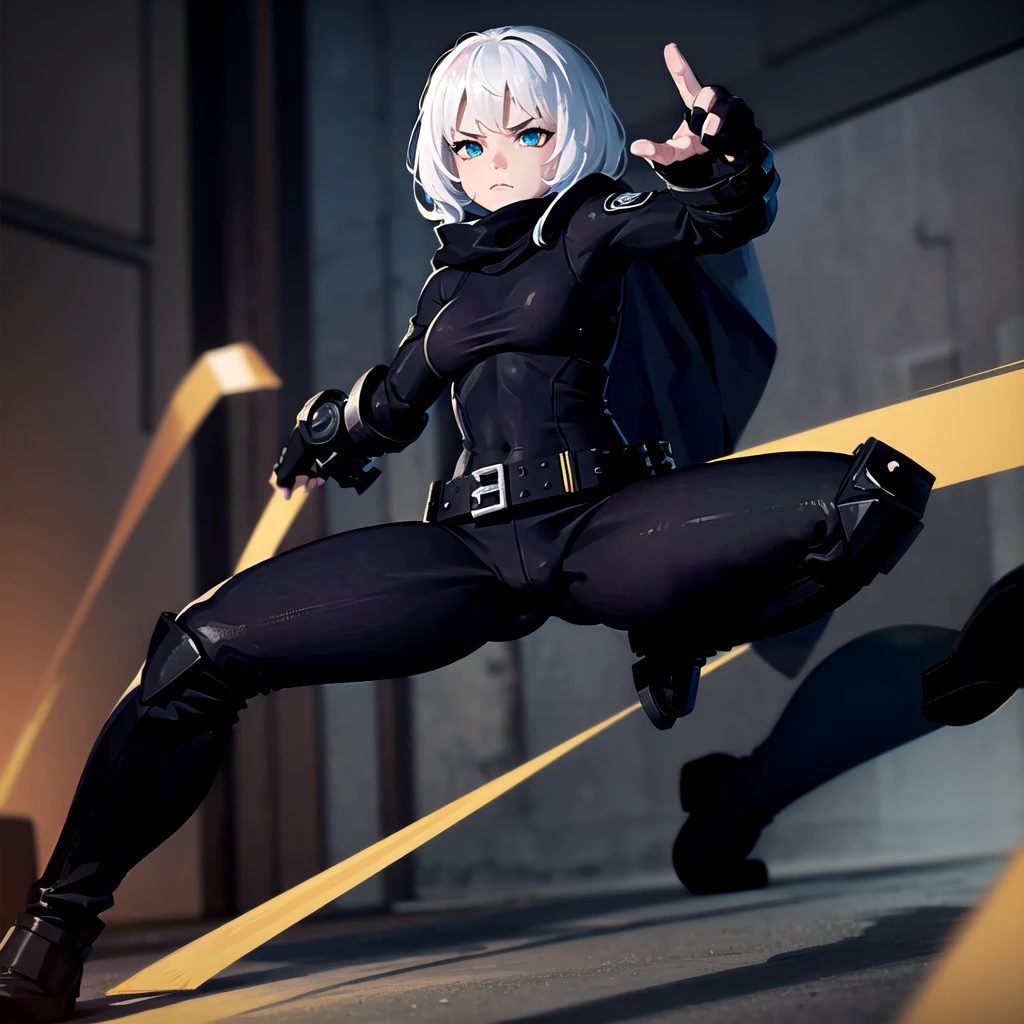 Fighting girl, epic, with particles, HD, 8k, white hair, with black cape, line marks on the face, serious face, closed mouth, casual pose, hands in Bruce Lee position, tactical pants, black hood, black lines under eyes, black polar diver, eyes with marked rings, detailed face, blood on the lips, full body,