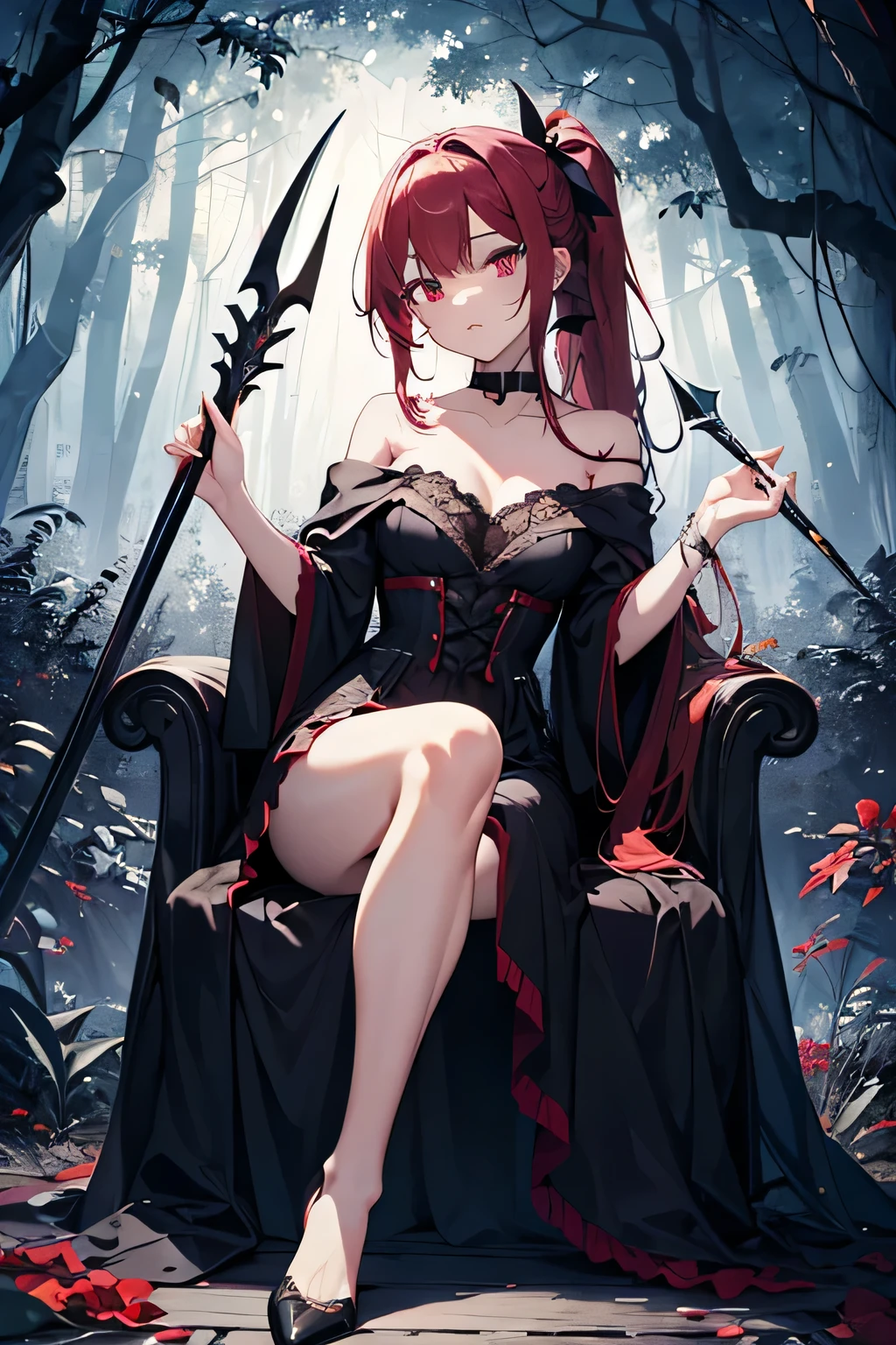 (official art、best quality、unified 8k wallpaper、32k、​Masterpiece、super detailed、ultra high resolution)、best shade、excellent、Eyes and nose details、Black off-shoulder lace dress、sharp pupils、((grim Reaper))、A red-haired girl、With black and purple ribbon、dark red eyes、barefoot、High heeled dancing shoes、cold expression、Medium ponytail、long hair girl、straight hair、握著grim Reaper鐮刀、Sit on the throne、Misty Forest、night、background