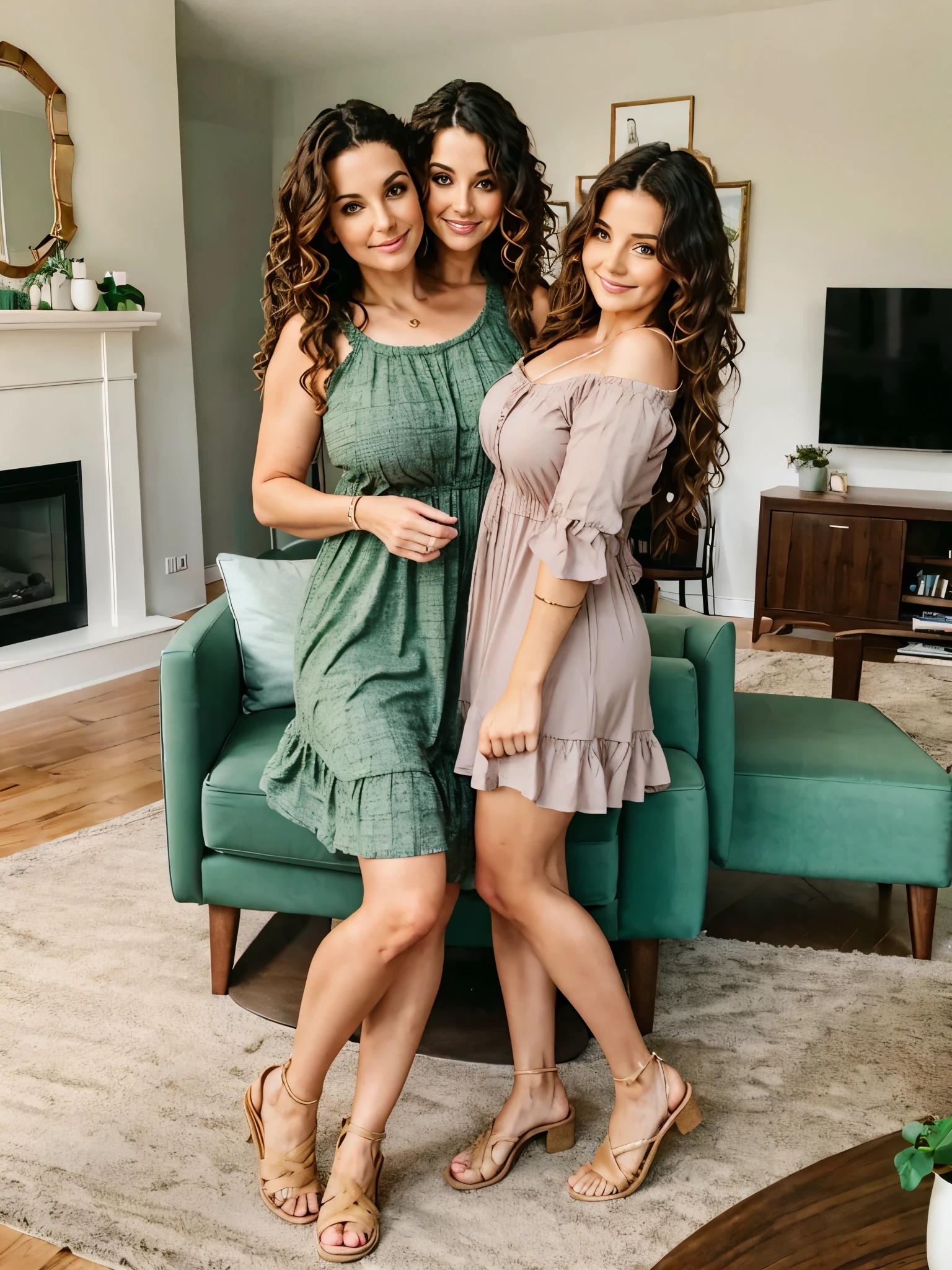 Mom, age 42, two heads, curvy, Irish, wavy hair, casual dress, in her living room,