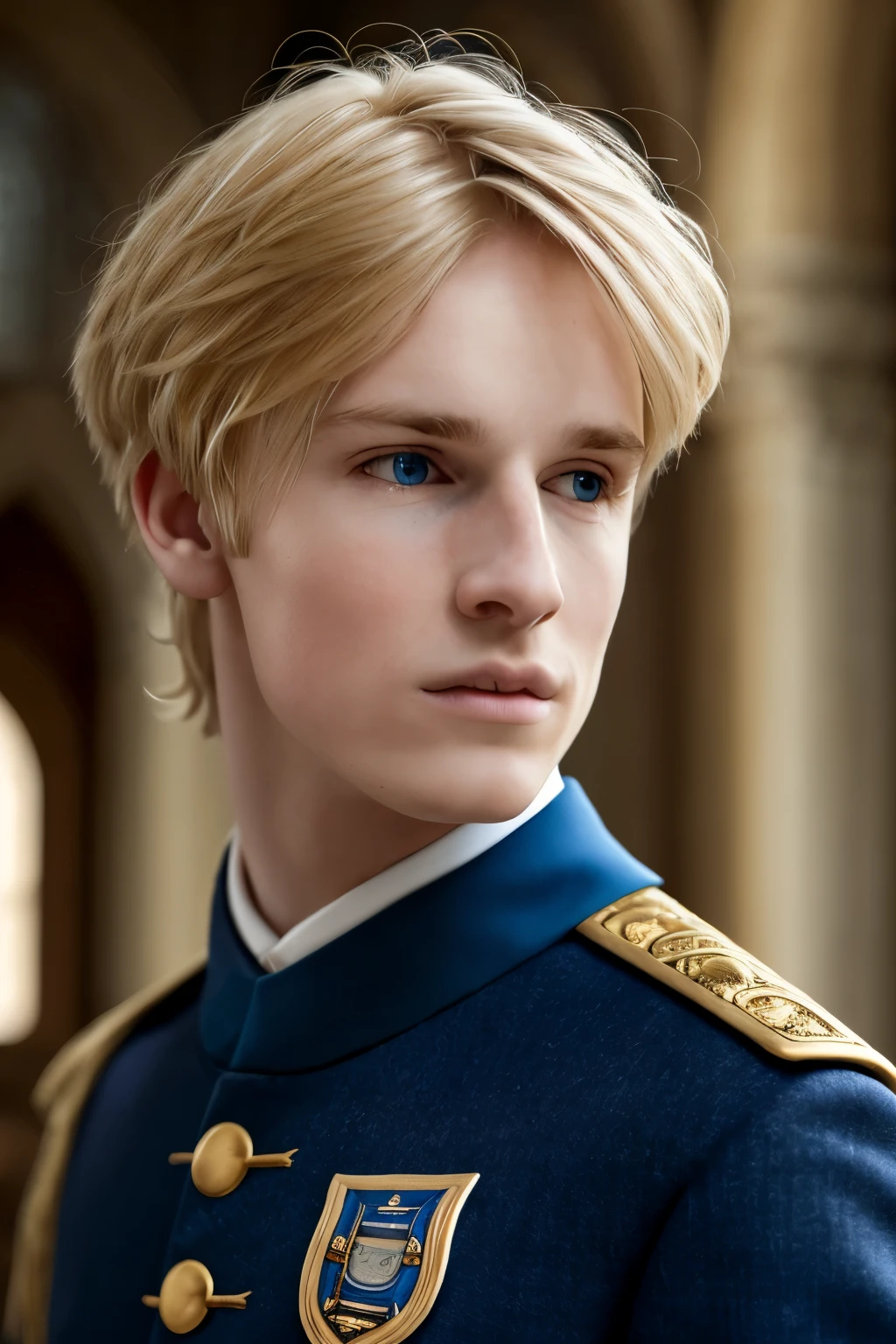 a young man, golden blonde hair, whole body, in castle, masterpiece, realistic, 4k, detailed, inside castle, highly detailed face, f2.8,denoise, dof, Ravenclaw uniform, blur background,