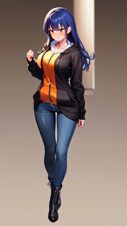(Anime girl wearing a ((black zip up hoodie)), (blue jeans), and black knee high lace up boots with round toes), Large breasts, thick thighs, cute, full body image, back view,silver long hair, orange eyes, quality images, ((high quality faces)), underground, standing, shy and cute posing, blushing, embarrassed