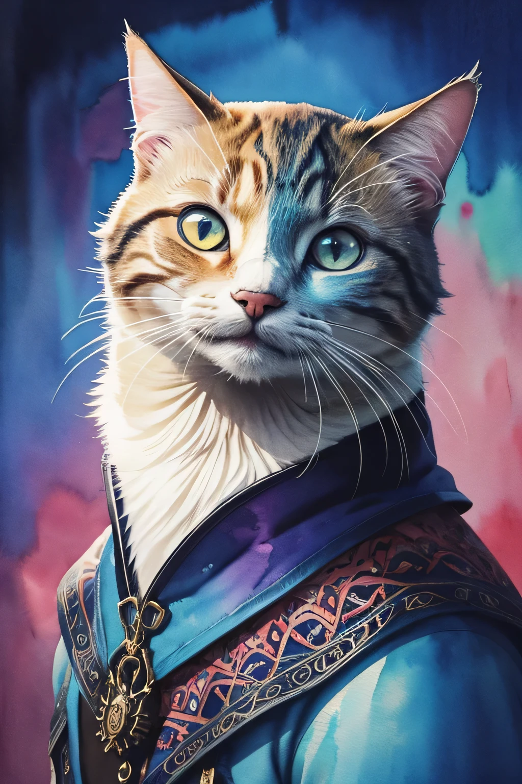 A close up of a cat wearing a blue outfit with a purple collar - SeaArt AI