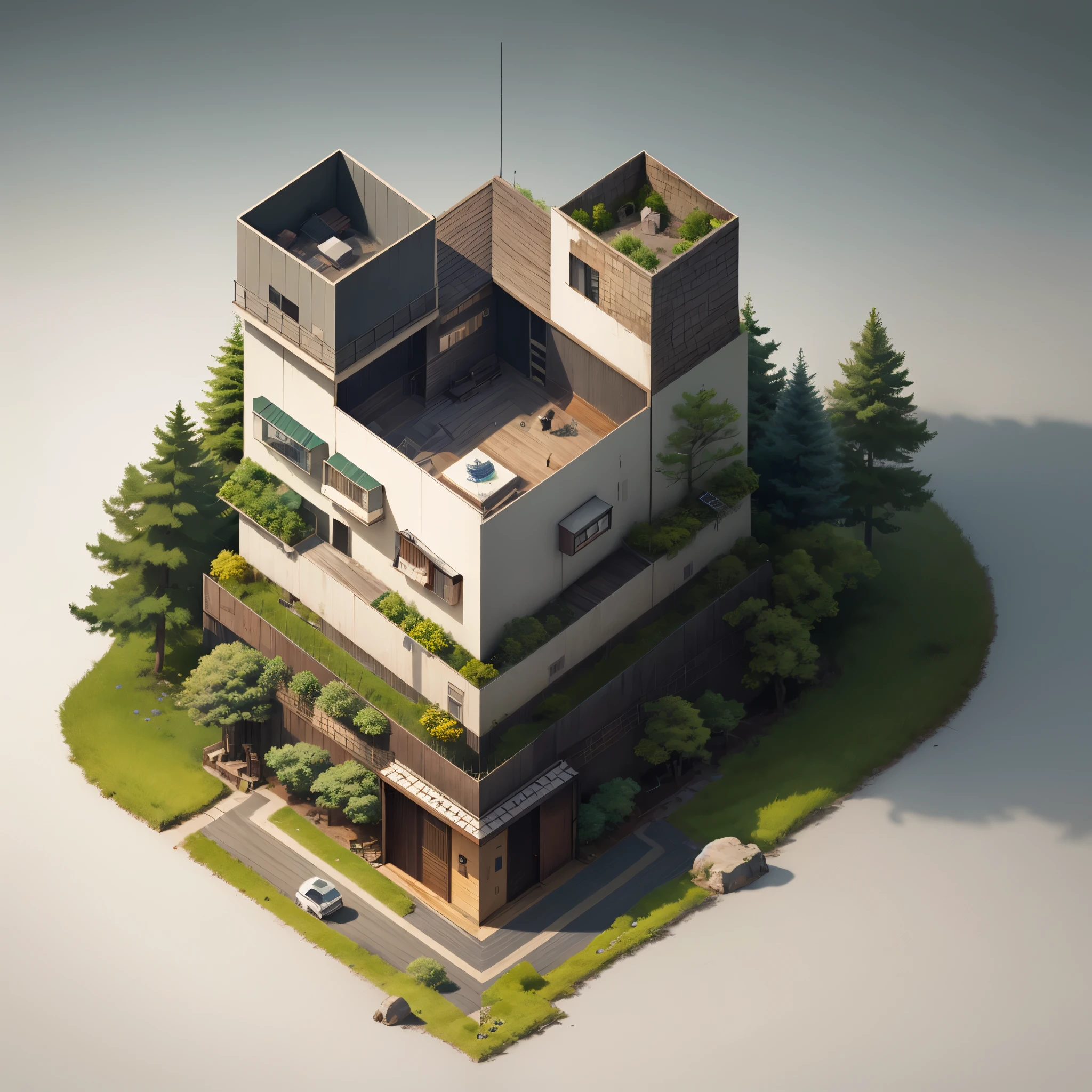 A 3D isometric view of a japanese, in the style of texture-rich landscapes, cute cartoonish designs, clean and streamlined, subtle gradients, grid-based, captivating, isolate on white,