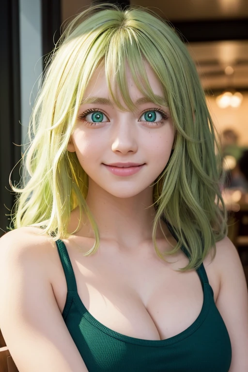 hyper realistic, 1girl, teen, beautiful face, perfect, white skin, looking at viewer, on the restaurant, on a date, eating pizza, night, upper body, smile, tooru hagakure, (green eyes:1.5), green hair, messy hair, multicolored hair, thick eyelashes, two-tone hair, blue shirt, cleavage, medium breasts