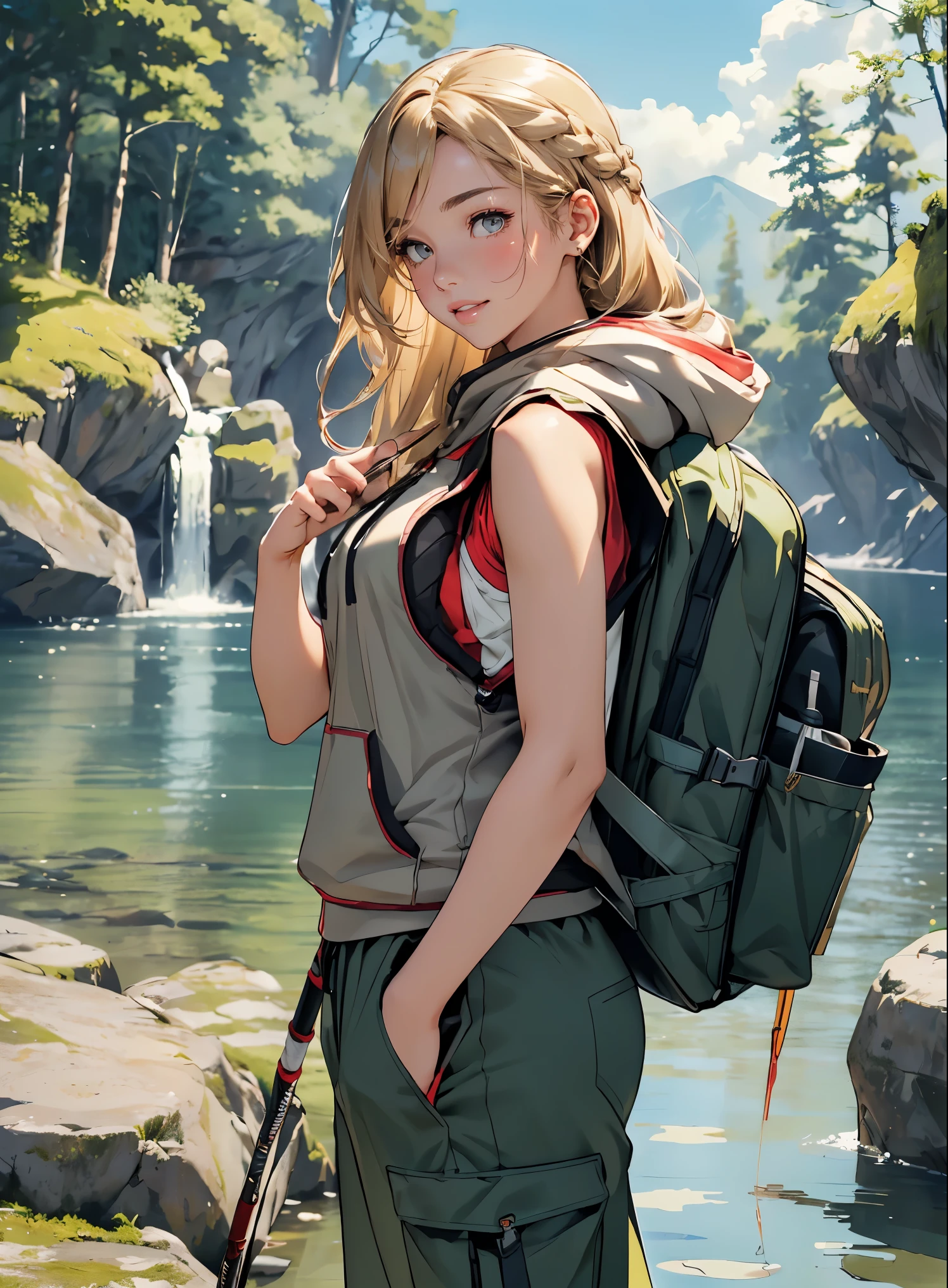 masterpiece、High resolution 8K、sharp focus、contrast lighting、ultra high resolution、ultra high resolution、Detailed CG、Low angle from the front、full body shot、Beautiful woman、beautiful eyes、(detailed face and iace:1 2)、narrow eyes、almond eye、brown eyes、gradation eye、highlight:1.2)、(beautiful blonde、long hair、Side braided hair、asymmetrical bangs、(plump lips、glossy lips、 size) 、(oval face : 1.4)、(thin fingered arms、detailed human hand)、川でWoman Fishing、Beautiful and wide river、Flowing waterfall、rock surface、moss、forest、Mont、blue sky、Flowing clouds、vapor、mist、full body pose、Holding a fishing rod in your hand、Fishing lure rod、Outdoor Vest、hoodie、Waders、Long pants for fishing、Big backpack)、Have a long fishing rod、She points the fishing rod in her hand toward the surface of the water.、Woman Fishing、naughty smile、teeth visible、Low angle from the front、cowboy shot