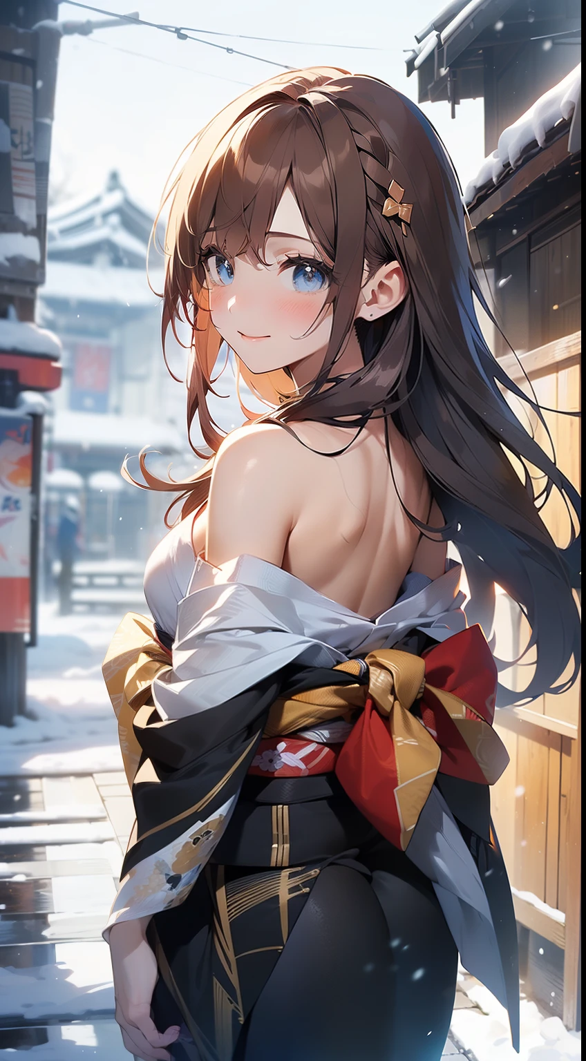 ((masterpiece, best quality, high resolution, ultra high definition, Pixel perfect, depth of field, 4K, RTX, human development report))), 1girl in, single, alone, Beauty、see whole body、 ((long hair, Short Liuhai, reddish brown hair)), ((blue eyes, beautiful eyelashes, realistic eyes)), ((Detailed face, blush:1.2)), ((smooth texture:0.75, lifelike质感:0.65, lifelike:1.1, Anime CG style)), medium breasts, Perfect body, (( Japanese kimono, bare shoulders ,Black tights)), Smile, Sideways posture, (wind blows hair，bare shoulders、exposing her chest、Black tights) , night ,snow , Hot springs