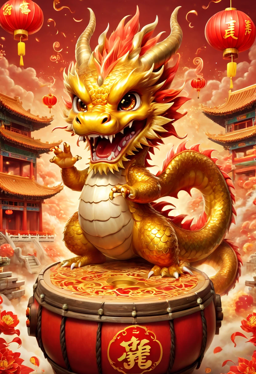 ((ustrate a single, cute, anthropomorphic Chinese golden dragon using its claws to vigorously play a large drum, which is decorated with the Chinese character \u798f (Fu) for fortune. The background should depict a festive and joyous Chinese New Year atmosphere, complete with traditional Chinese architecture, fireworks, firecrackers, lanterns, and Spring Festival couplets. Focus on the dynamic movement of the golden dragon playing the drums, capturing its joyful and delighted facial expression