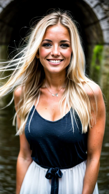 A 23 year old blonde woman, ((big )), ((Hyperrealismus)) ,. Blondes Haar mit hellbraunem Ansatz. blondes Haar, Haare mit braunen Wurzeln, extra langes Haar, sehr langes Haar, Nice, geflochtene haare, seitliche ansicht, ((whole body can be seen)), it's rainy outside, viele menschen mit regenschirmen, ((es regnet)), regenschirm in der hand, Happy, begeistert, happy, smiles, (with a very good quality), (Sehr detaillierte Haut:1.1), award-winning, Meisterwerk, 50-mm-Objektiv, ((hole body)), ROH, Analoger Stil, scharfer Fokus, 8K UHD, DSLR, Good quality, atmospheric perspective, 8k, super detail, ccurate, best quality, anatomically correct, high details, high quality,