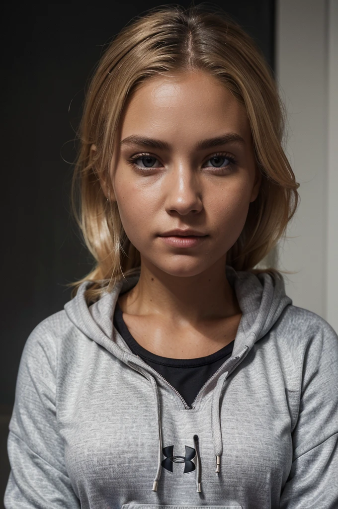 photorealistic, best quality, hyper detailed, beautiful woman with natural dirty blonde hair, photo, full body, solo, wearing a black under armour hoodie and white sweatpants,(comfortable), skin texture, film grain, close up, ultra high res, best shadow, RAW, instagram LUT