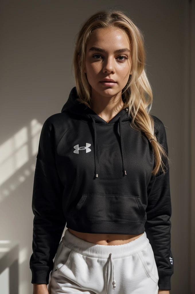 photorealistic, best quality, hyper detailed, beautiful woman with natural dirty blonde hair, photo, full body, solo, wearing a black under armour hoodie and white sweatpants,(comfortable), skin texture, film grain, close up, ultra high res, best shadow, RAW, instagram LUT