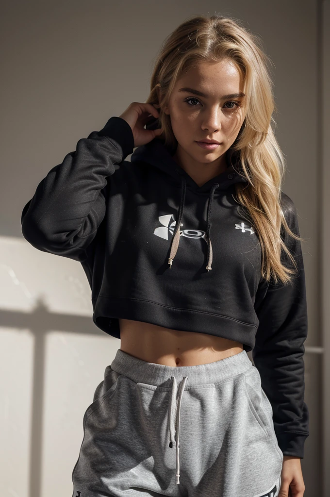 photorealistic, best quality, hyper detailed, beautiful woman with natural dirty blonde hair, photo, full body, solo, wearing a black under armour hoodie and white sweatpants,(comfortable), skin texture, film grain, close up, ultra high res, best shadow, RAW, instagram LUT