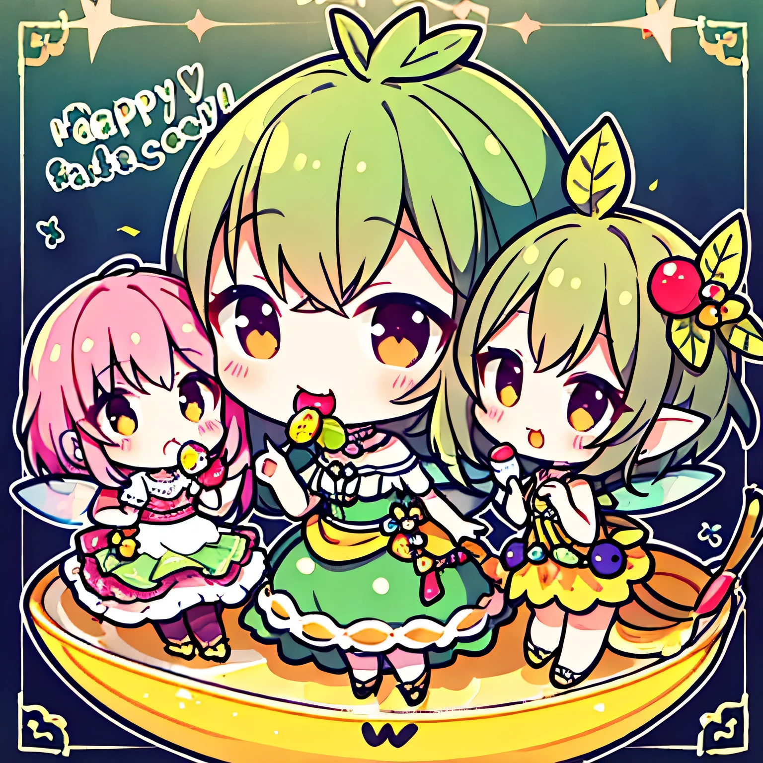 highest quality、High resolution、8K、cute beauty、detailed background、beautiful and detailed face、beautiful and smooth skin、skin texture、Little Fairy、(three fairies)、fruit and food costumes、fruit and candy costume、Gives a colorful and cute impression。they happily eat cakes and sweets.