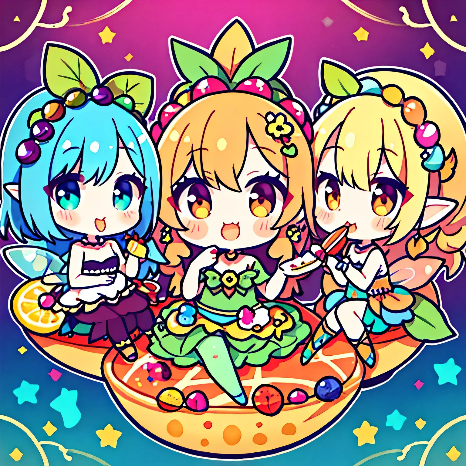 highest quality、High resolution、8K、cute beauty、detailed background、beautiful and detailed face、beautiful and smooth skin、skin texture、Little Fairy、(three fairies)、fruit and food costumes、fruit and candy costume、Gives a colorful and cute impression。they happily eat cakes and sweets.