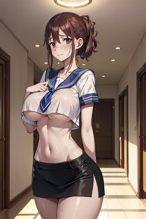 (8k, RAW photo, best quality, masterpiece, soft cinematic lighting, soft color:1.4),(ceiling, iook at camera,under breasts focus:1.5), (realistic), (indoor background), (solo, mature woman,19years old:1.3), (sailor uniform,underboob,low-cut miniskirt,sheer :1.3), (embarrassed,red Cheeks:1.25), party chignon bronze color hair, clean skin, (smaller butt:0.9),(huge long wide heavy breasts:1.3), (thick, curvy:1.3),(very skinny:1.3)