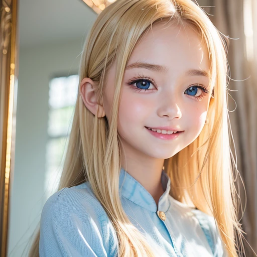 one very beautiful cute young girl、10 years old、((very happy smile ))、Embarrassed blush、Beautiful very long shiny blonde straight hair with golden shine、Shiny and very beautiful pure white skin、Very beautiful and cute pale blue detailed eyes、shiny skin、 Very beautiful cute face、Beautiful cute bright look、Clear double eyelids、beautiful cute big eyes、A perfectly balanced face