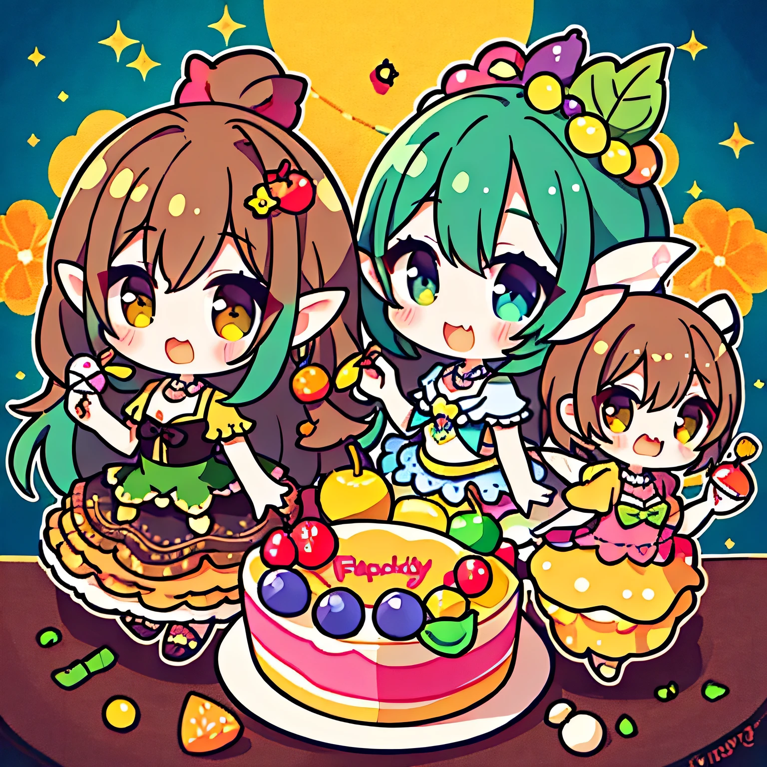 highest quality、High resolution、8K、cute beauty、detailed background、beautiful and detailed face、beautiful and smooth skin、skin texture、 Fairy、(three fairies)、fruit and food costumes、fruit and candy costume、Gives a colorful and cute impression。they happily eat cakes and sweets.