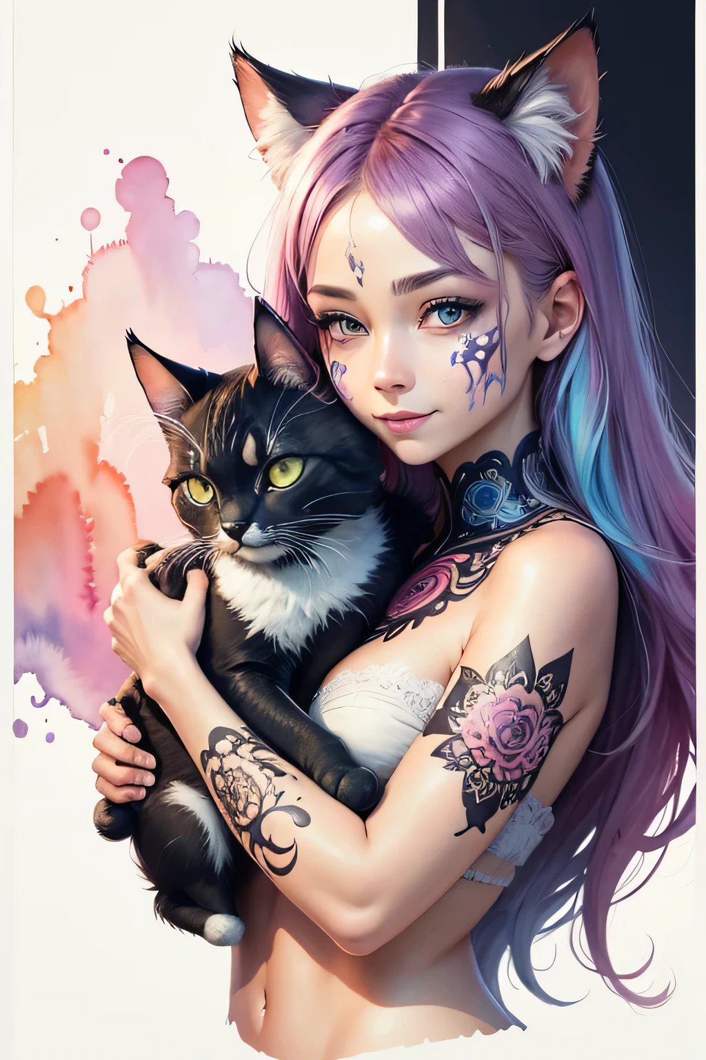 Color Style, digital art of (Cat character), official art, front, smile, masterpiece, beautiful, ((watercolor)), face painting, Ink splash, intricate details. very fine eyes, [drip:0.5], art station trends, Rachel Walker, (zentangle, mandala, tangle, entangle:0.6), (fractal art), 混沌の最もbeautiful形, Brutal design, masterpiece, 最high quality, high quality, High resolution,